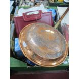 Vintage Linen Doilies, ladies leather case, table lamp, repro copper warming pan:- One Box.