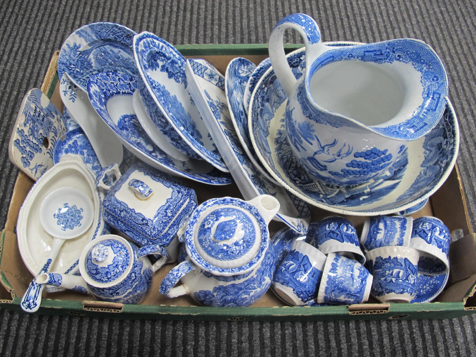 A Mason's 'Vista' Bowl, Willow pattern jug, other blue and white pottery:- One Box.