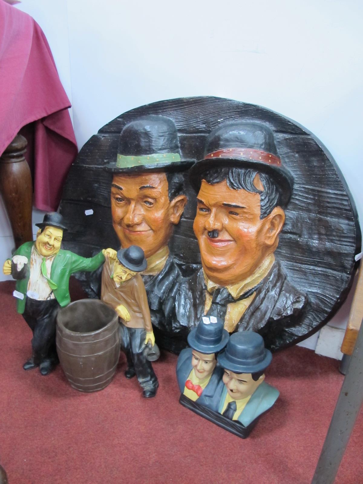 Laurel & Hardy Oval Wall Plaque, 75cm wide; pottery and resin groups similar.