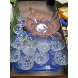 A 1920's Pink Coloured Twin Handled Bowl, wine glasses, Whisky glasses, etc:- One Tray.