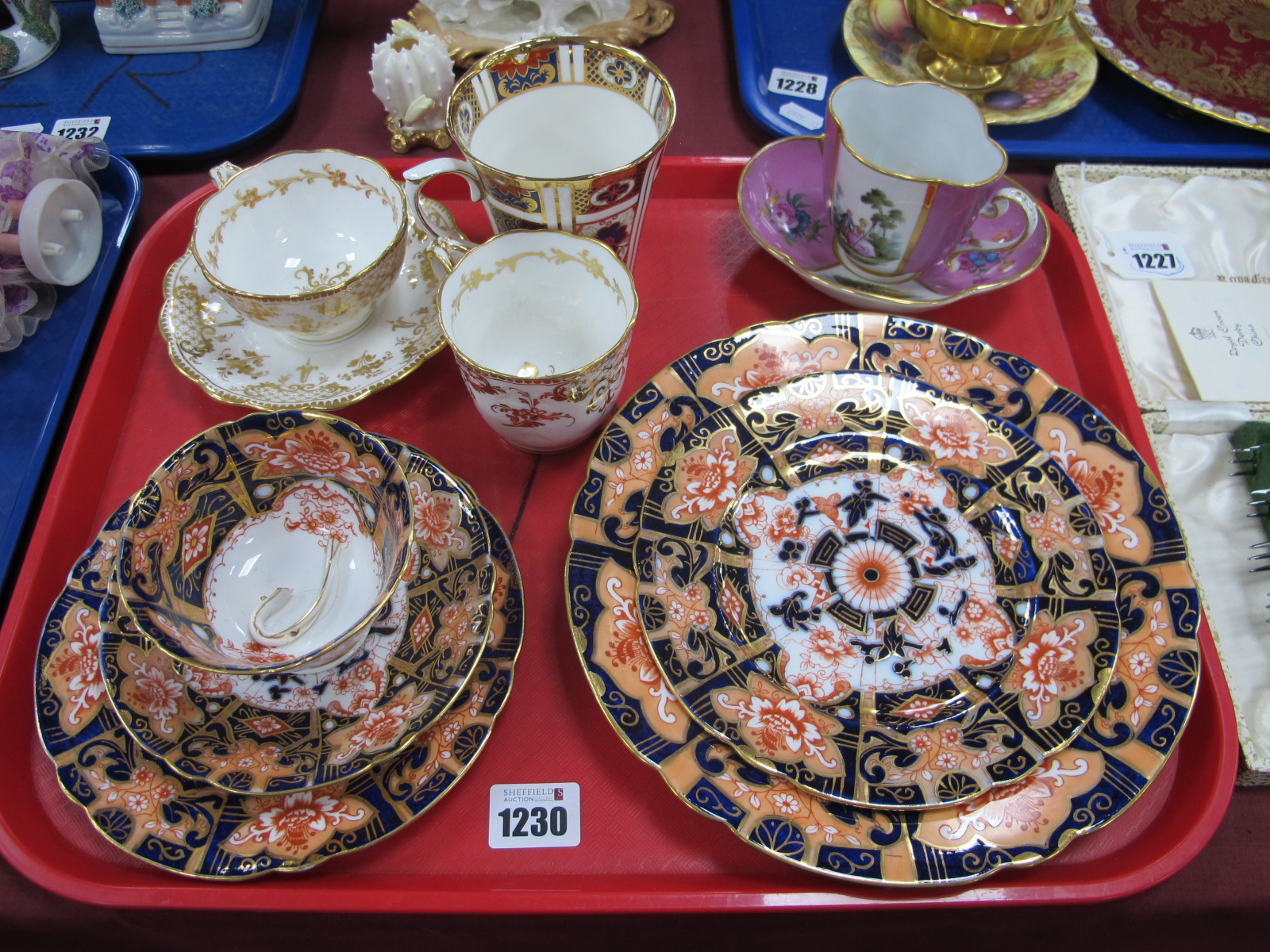 Foley China Imari Pattern Plates, Foley Imari pattern trio (damaged), Meissen style cup-saucer, with