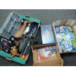 Pokemon Trade Cards, Star Wars Guns, marbles, wooden rattle, etc:- Two Boxes.
