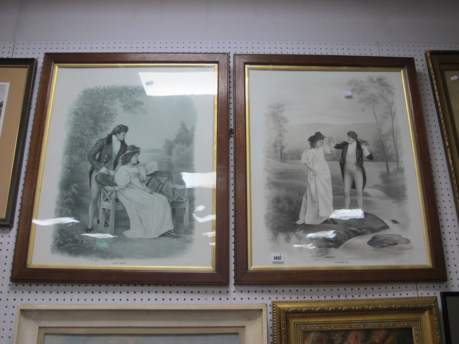 A Pair of Prints, 'Love Letter's', 'In Ye Olden Time', framed.