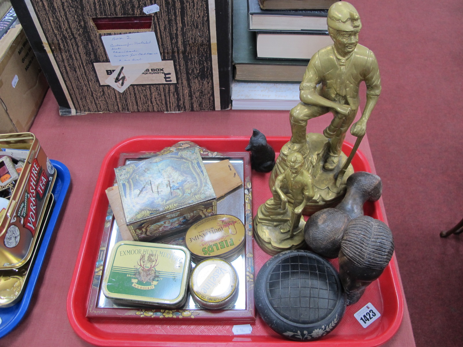 Chinoiserie Lacquered Dressing Mirror, brass mining figures, hardwood heads, tins, etc:- One Tray.