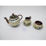Torquay Pottery Motto Ware Three Piece Tea Set, "From Barnard Castle...". (3)