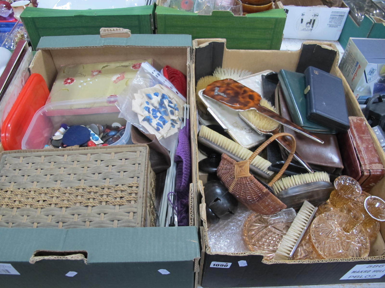 Gent's Travelling Set, dressing table ware, buttons, knitting needles, etc:- Two Boxes.
