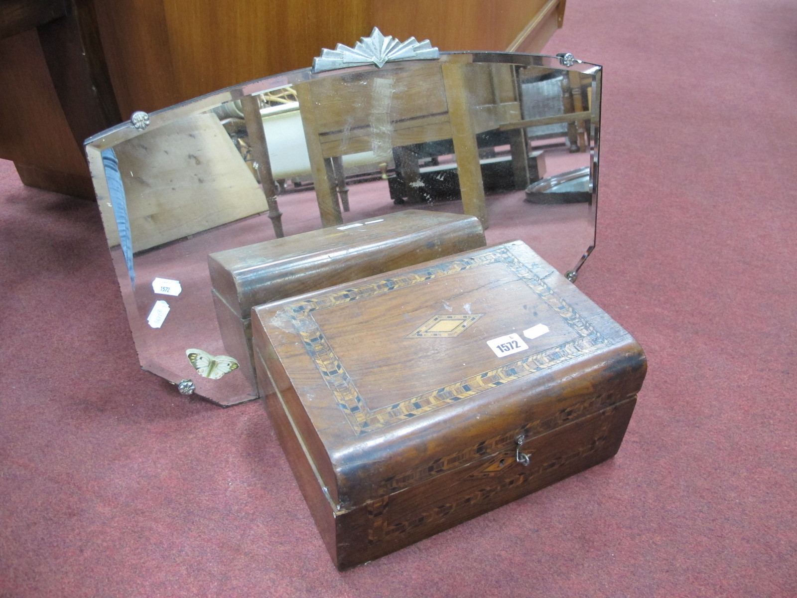 A XIX Century Inlaid Walnut Dome Topped Box, 30cm wide, wall mirror with chrome mount. (2)