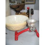 Ryland Works Chesterfield Scales, iron weights, Spong mincer, mixing bowl.