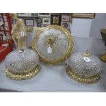 A Pair of Moulded Glass Ceiling Lights, 25cm diameter, a larger ceiling light. (3)