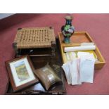 Oak Stool, tray, needlework picture, etc.