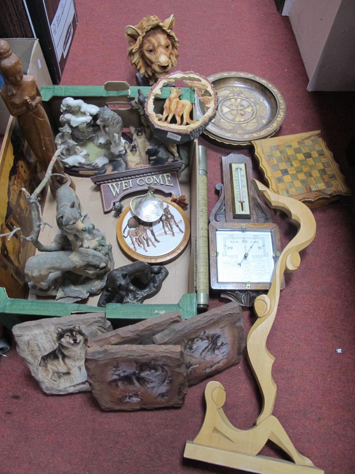 Model Animals, plaques, oak wall barometer, telescope:- One Box.