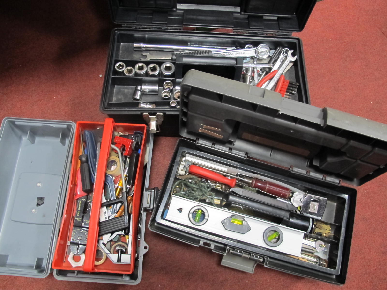 Tools - socket set, spanners, spirit level, drill bits many others, in three carry cases.