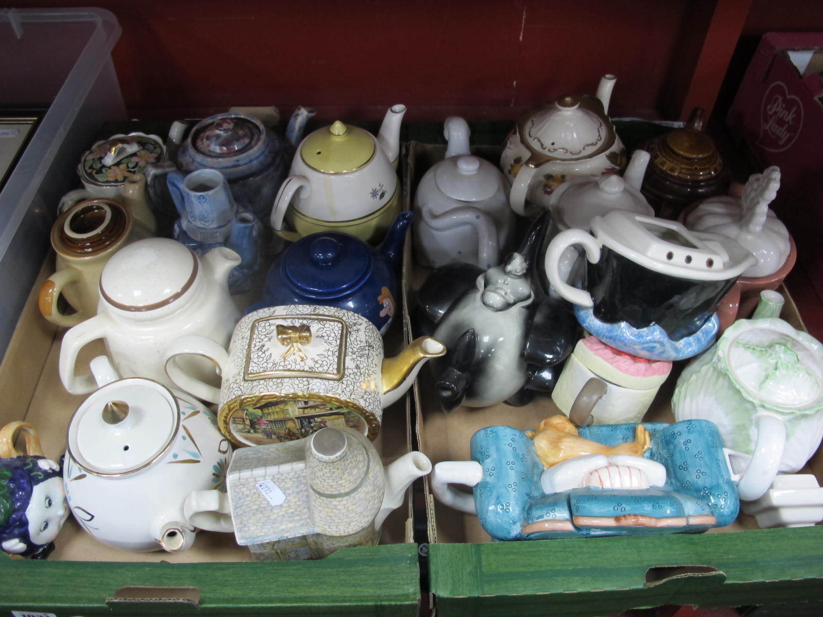 Teapots - Sadler, Wade Tetley Tea Folk, Keele St and other potter examples:- Two Boxes.