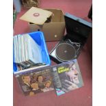 HMV Table Top Gramophone, with black leatherette casing, a quantity of records various genres:-