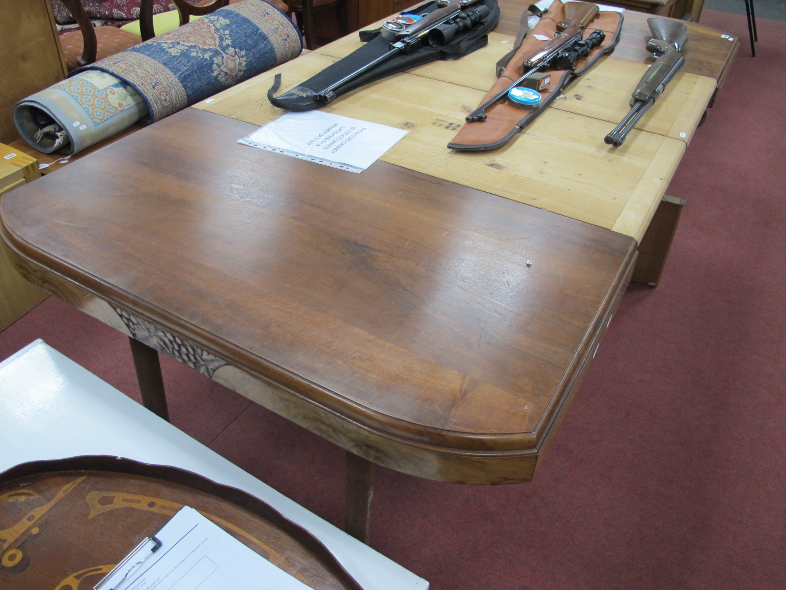 An Art Deco Walnut Extending Dining Table, with a carved moulding on trestle supports, chrome - Image 2 of 4