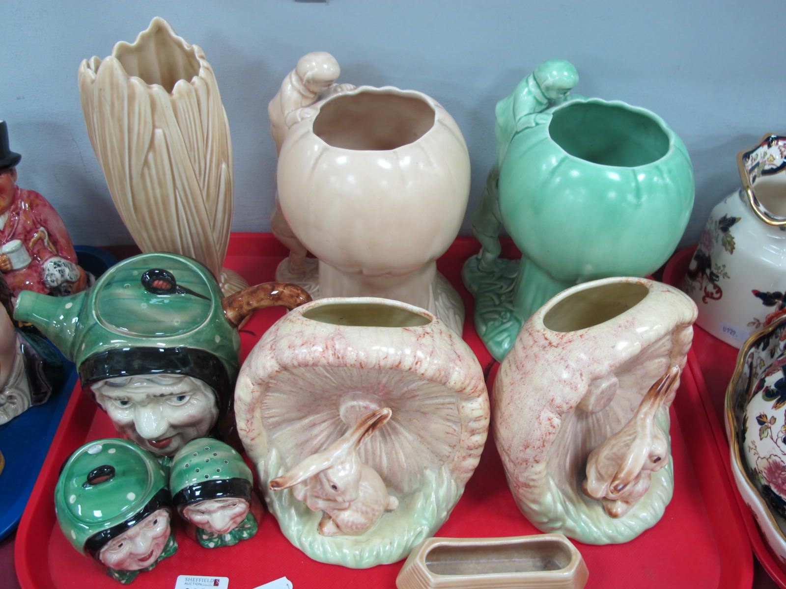 Two Sylvac Rabbit Posies, two 1198 Peaking Boy vases, Beswick 'Sairey Gamp' teapot and condiments,