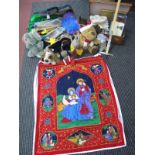Soft Toy Puppets, Sergei Meerkat, Dritz skirt maker, Wisdens 1984 and 99, linens, etc in case and