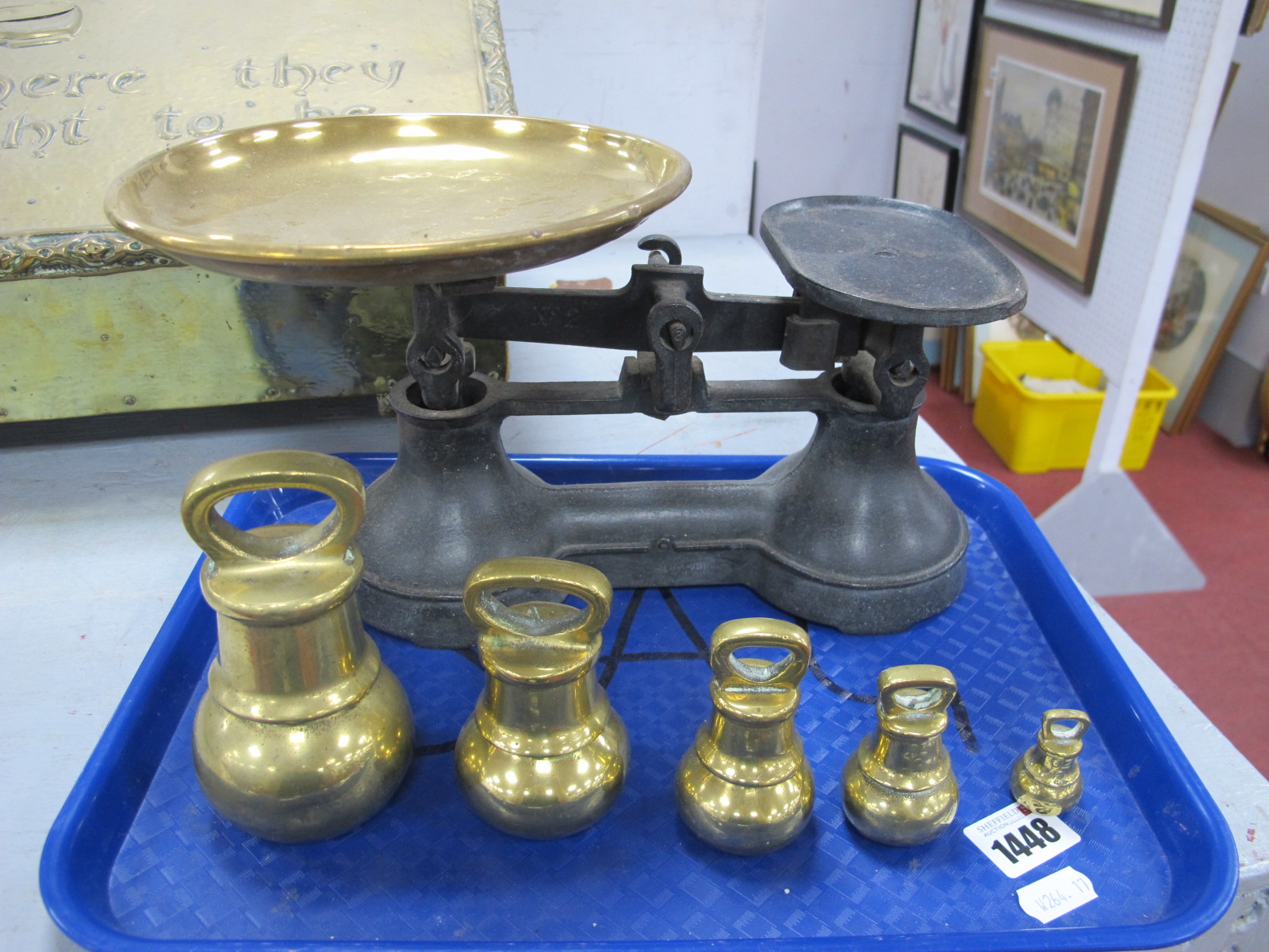 Parnall of Bristol Scales, with five brass graduated weights.