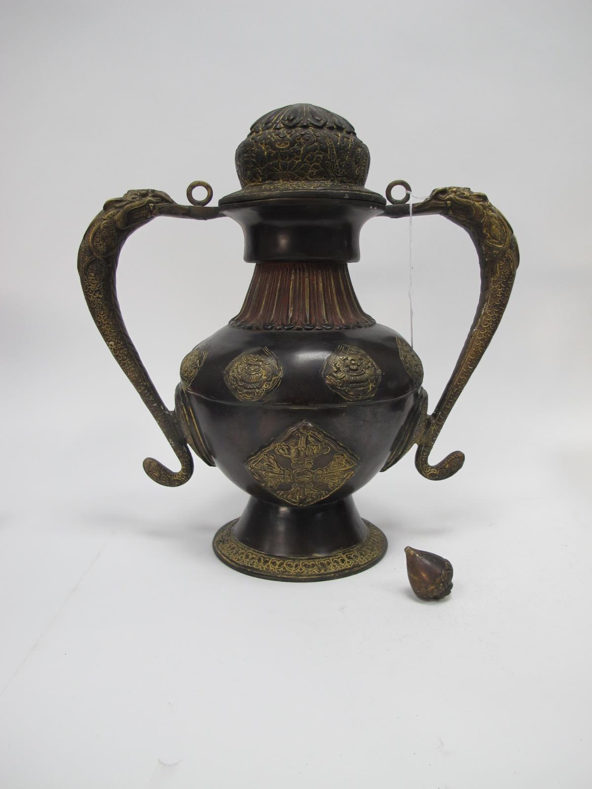 Anglo Indian Bronzed Incense Burner, with elephant handles, 37cm high.