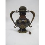 Anglo Indian Bronzed Incense Burner, with elephant handles, 37cm high.