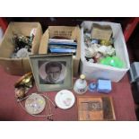 Books, ships wheel lamp, pewter ware, Elvis print, pottery, etc:- Three Boxes.