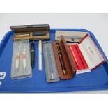 A Parker Fountain Pen, with 14K nib, other Parker pens:- One Tray.