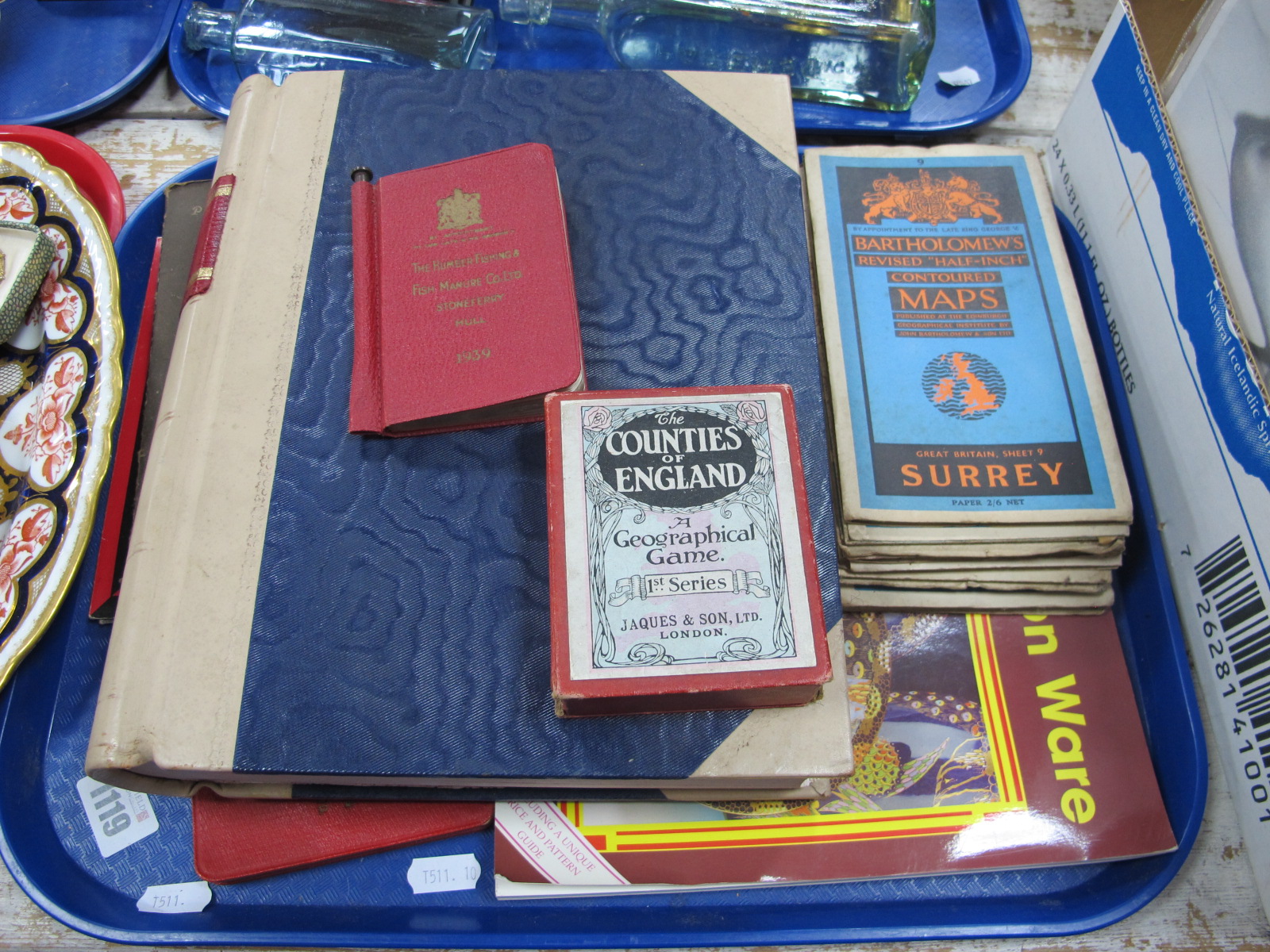 An Early XX Century Leather 'Letter Book', (unused), vintage maps, Victorian photos, etc:- One Tray