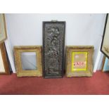 A Chinese Pierced Figural Wall Panel, 24.5cm wide. Pair of gilt picture frames, (3)