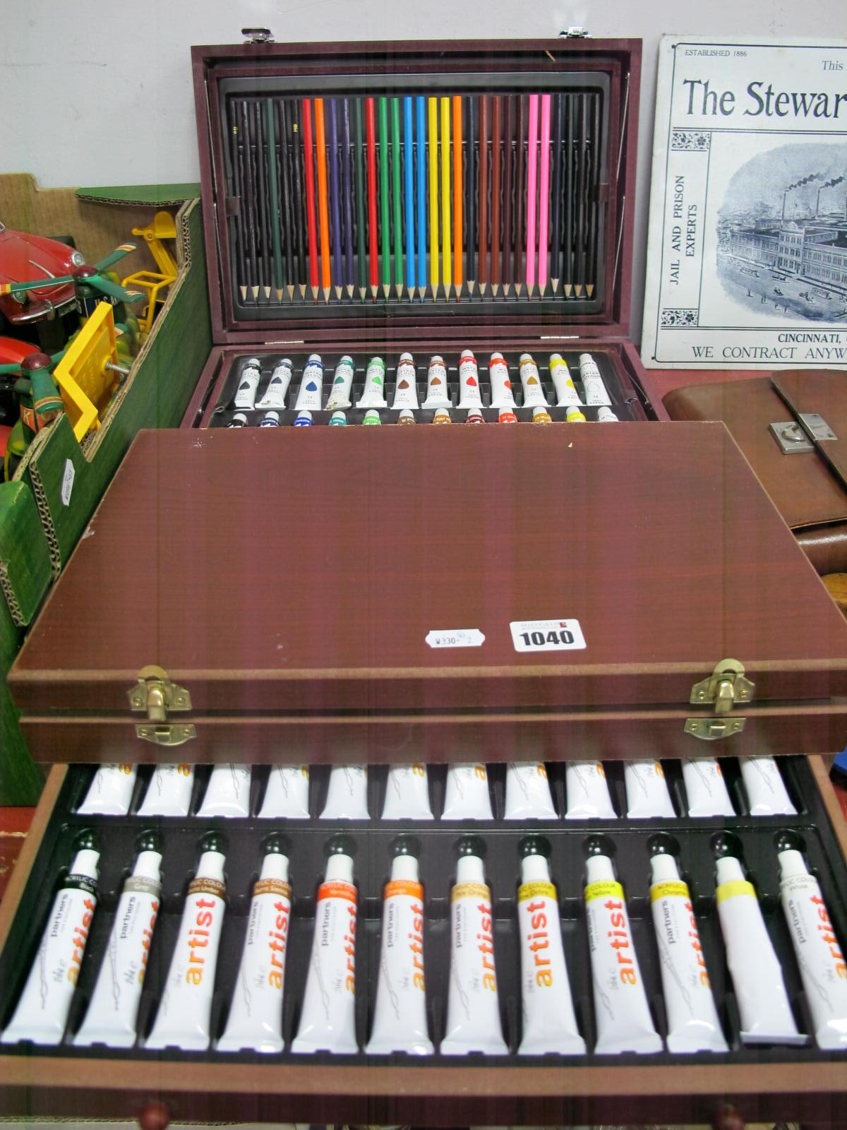 Artists Paints, easel, pencils, pens, crayons, etc, in two cases.