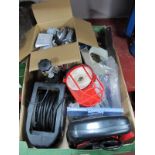 A Car Battery Charger, remote lights, tools etc:- One Box.