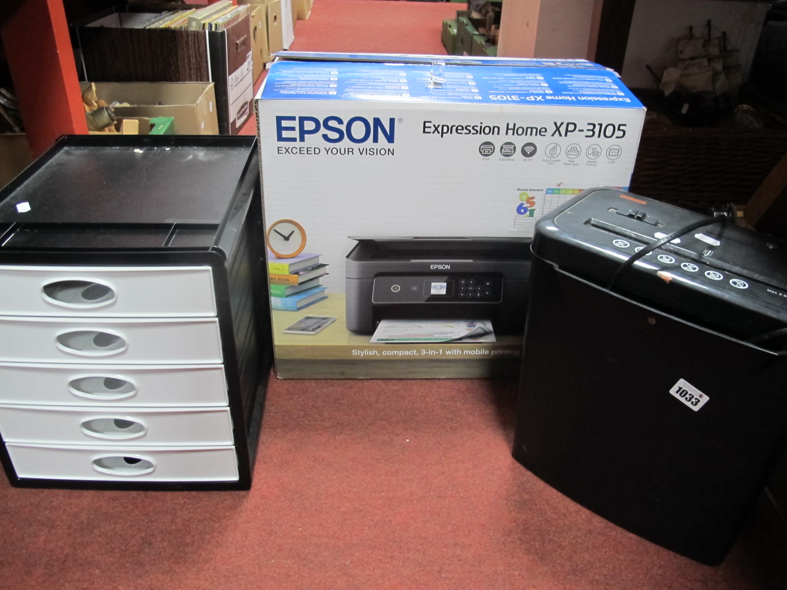 Epson XP-3105 Copier, Challenger Shredder, five drawer table top chest, untested: sold for parts