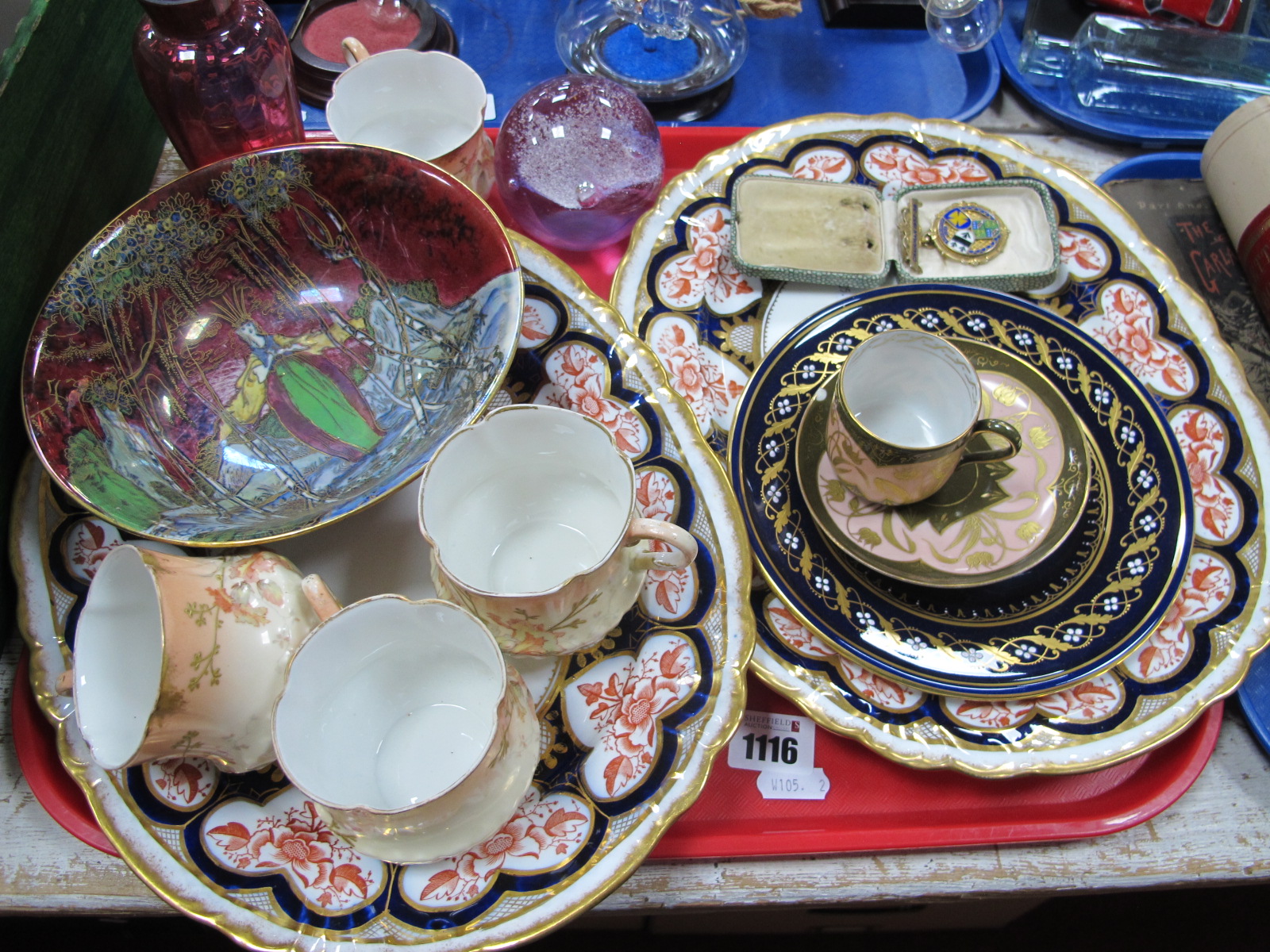 Two Foley Platters, Wilton lustre bowl (chipped) other ceramics, silver and enamel councillor