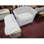 A Lloyd Loom Style White Painted Bench, with a hinged lid, together with an otterman. (2)