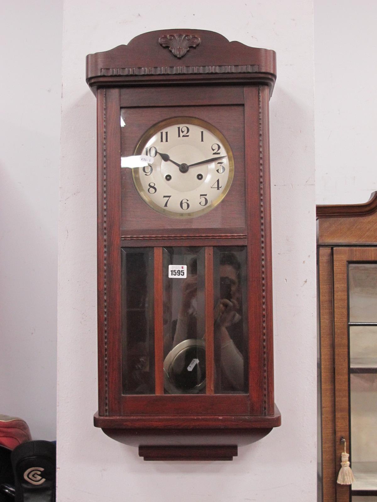 A 1940's Mahogany Regulator Wall clock, with Arabic numerals to silvered dial.