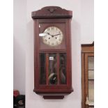 A 1940's Mahogany Regulator Wall clock, with Arabic numerals to silvered dial.