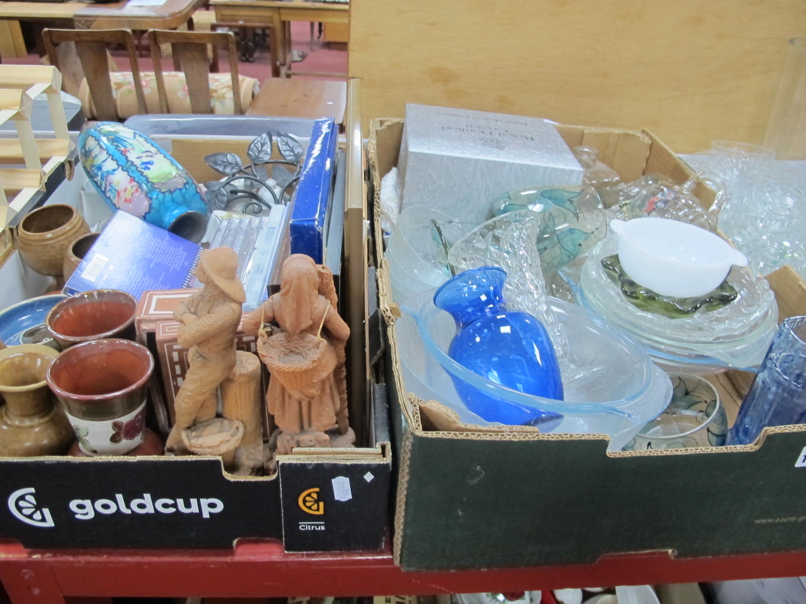 Glassware, terracotta fisher folk, cd's, pottery, etc:- Two Boxes.
