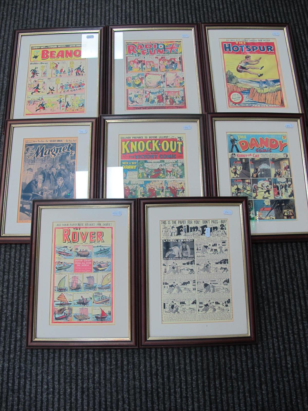 Eight Reproduction Framed Comic and Other Covers, to include Beano, Hotspur, Dandy and Film Fun.