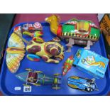 Tin Plate Toys, vintage card, butterfly, camel, etc:- One Tray.