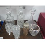 A Cut Glass Ships Decanter, other glass decanters, glass vase,etc, including oak tray.
