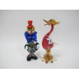 A Murano Glass Clown, together with a Murano glass bird.
