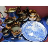 Eight XIX Century Copper Lustre jugs, Blue Room plate.