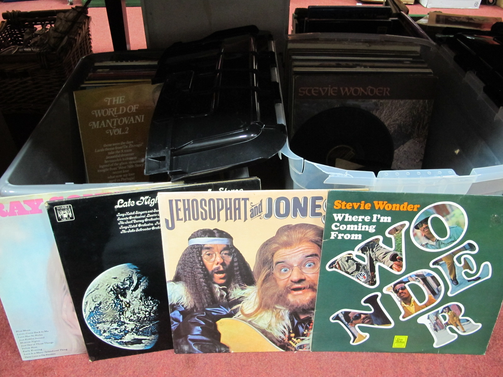 Two Large Boxes of L.Ps, 78's and Tapes, Stevie Wonder, Easy Listening, etc, noted.