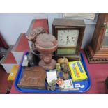 A XIX Century Mantle Clock, pair of Alleyne carved wooden figures, elephant cigarette box, flash