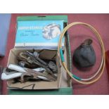 A Boxed 1950's Morphy Richard's Toaster, a leather football, vintage skates and two school gymnastic