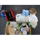 Vintage Linen Doilies, ladies leather case, table lamp, repro copper warming pan:- One Box.