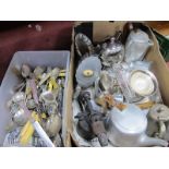 Assorted Cutlery, Picquot tea-pot, coffee pot, cream jug, tray, blow torch, etc:-Two Boxes.