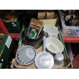 Tala Shoe Cleaning Box, pottery and aluminium jelly moulds, Tala flour castor, baking tins, other