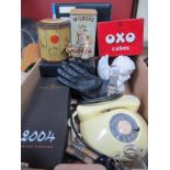 NT Cream Bakelite Telephone as a Table Lamp, tins, books, clothes, pegs, etc:- One Box