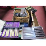 A Set of Six Knives with Hand Beaten Pewter Handles, (cased), cased fish knife, forks, cutlery in