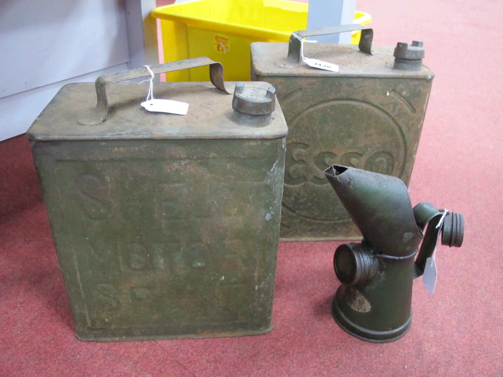 Vintage Shell & Esso Petrol Cans, By The Way oil can. (3)